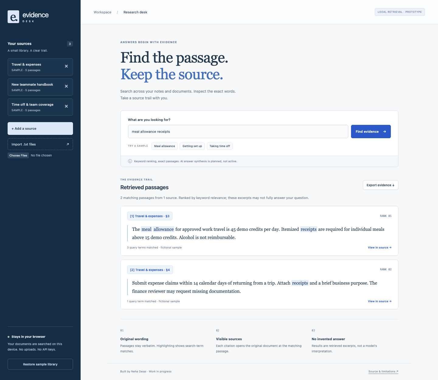 Evidence Desk showing a text library and exact matching source passages