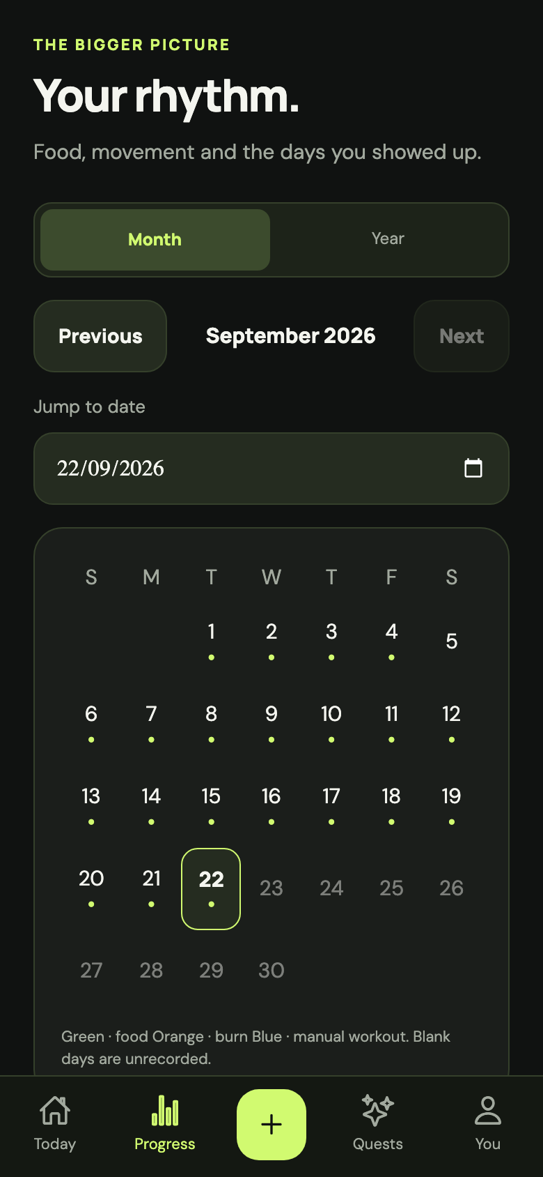 Fitkin progress calendar showing fictional demo activity