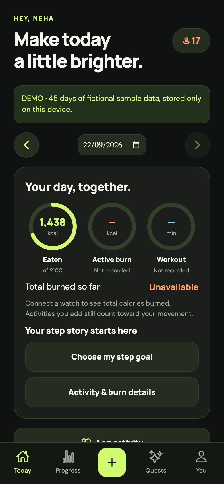 Fitkin Today screen showing fictional demo meals and activity