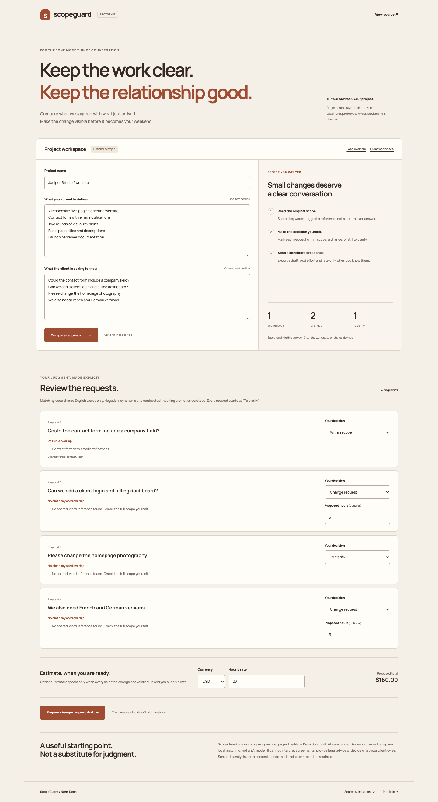 ScopeGuard showing a fictional project brief and requests for scope review